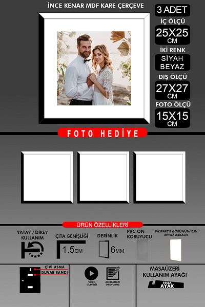 yhfoto 3Pcs 25X25 Frame - Thin Slatted Frame - 2 Colors Black White - Square Frame Photo Frame