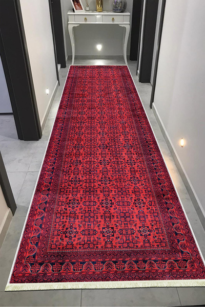 VOPTEKS Vintage Kırmızı Halı Yolluk Makinede Yıkanabilir Kaymaz Taban Halı