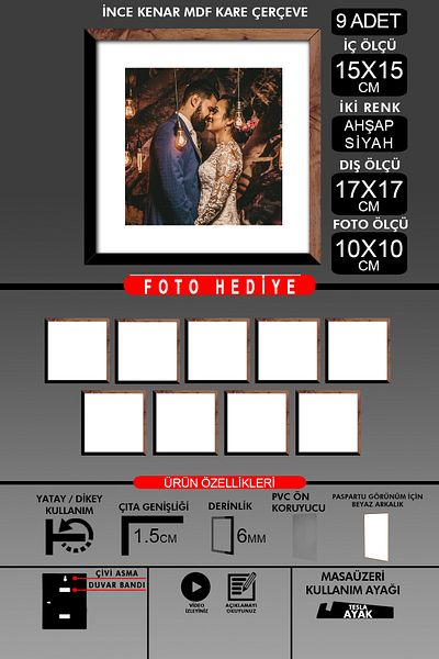 yhfoto 9Pcs 15X15 Frame - Thin Slatted Frame - 2 Colors Wood Black - Square Frame Photo Frame
