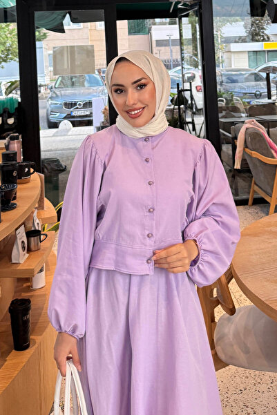 Tesettür Diyarı Kadın Trikoton Kumaş Düğmeli Düz Tesettür Takım