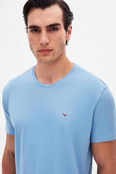 D'S Damat Ds Damat Regular Fit Light Indigo Plain Κεντημένο 100% βαμβακερό μπλουζάκι