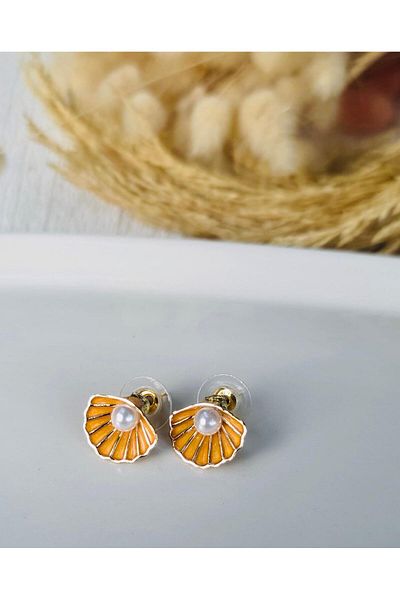 My Life Accessory Women's Orange Seashell Design Pearl Detailed Steel Earrings No Allergy No Tarnish