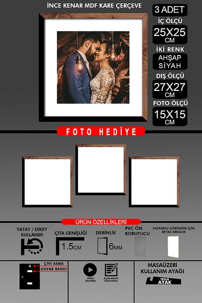 yhfoto 3Pcs 25X25 Frame - Thin Slatted Frame - 2 Colors Wood Black - Square Frame Photo Frame