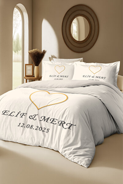 MonoHome KİŞİYE ÖZEL %100 Pamuk Nevresim Takımı – Kalp Tasarımlı İsim & Evlil...