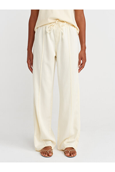 Dilvin 72030 Ribbed Stitched Elastic Denim Trousers-Yellow