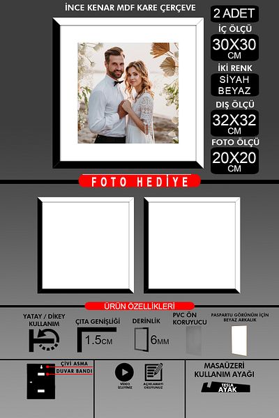 Bytwo 2Pcs 30X30 Frame - Thin Slatted Frame - 2 Colors Black White - Square Frame Photo Frame