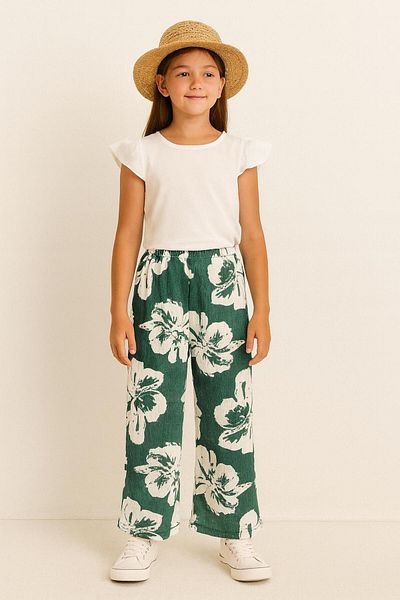 Esterella Girl's Spanish Leg Roll-Up Trousers /Girl's Loose Wide-Leg Trousers/ Roll-Up Trousers