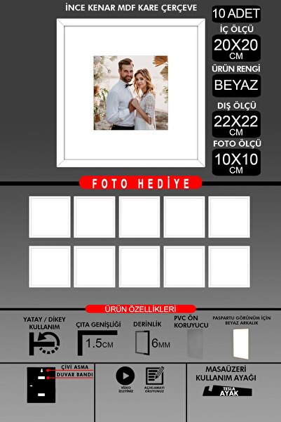 bymat 10 Pieces 20X20 Frame - Thin Slatted Frame - White Frame - Square Frame - Photo Frame
