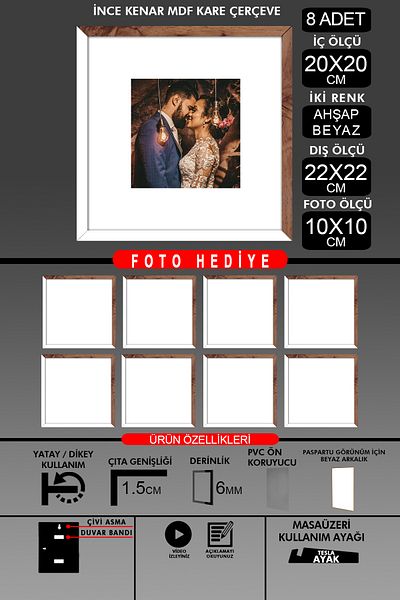 Bytwo 8 Pieces 20X20 Frame - Thin Slatted Frame - 2 Colors White Wood - Square Frame Photo Frame