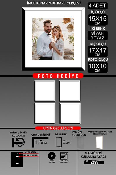 yhfoto 4Pcs 15X15 Frame - Thin Slatted Frame - 2 Colors Black White - Square Frame Photo Frame