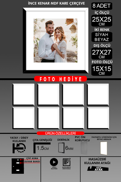 Bytwo 8Pcs 25X25 Frame - Thin Slatted Frame - 2 Colors Black White - Square Frame Photo Frame