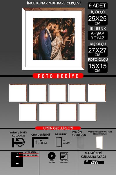Bytwo 9 Pieces 25X25 Frame - Thin Slatted Frame - 2 Colors White Wood - Square Frame Photo Frame