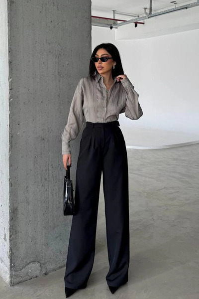 Kubos Moda Černé kalhoty Palazzo s vysokým pasem