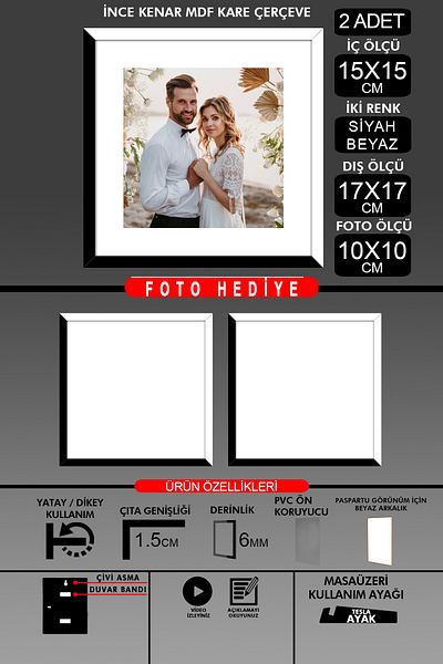 Bytwo 2Pcs 15X15 Frame - Thin Slatted Frame - 2 Colors Black White - Square Frame Photo Frame