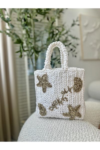 blancaston Straw Hand Knitted Motif Bag