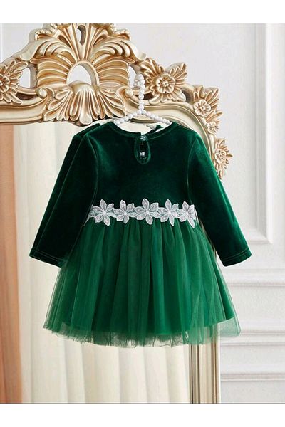 OEM Green velvet dress with tulle at the bottom, 18-24 months, 86-92 cm