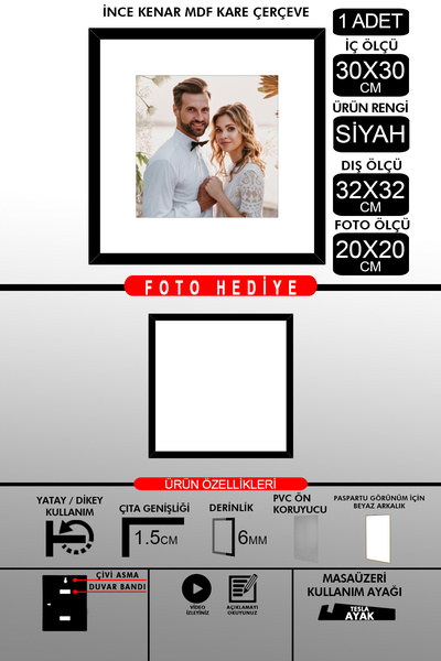 bymat 1 Buc 30x30 Cadru - Cadru cu șipci subțiri - Cadru negru - Cadru pătrat - Ramă foto