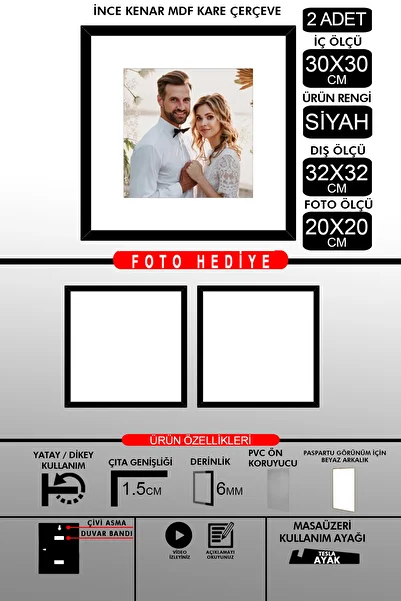 Bytwo 2 Pieces 30X30 Frame - Thin Slatted Frame - Black Frame - Square Frame - Photo Frame