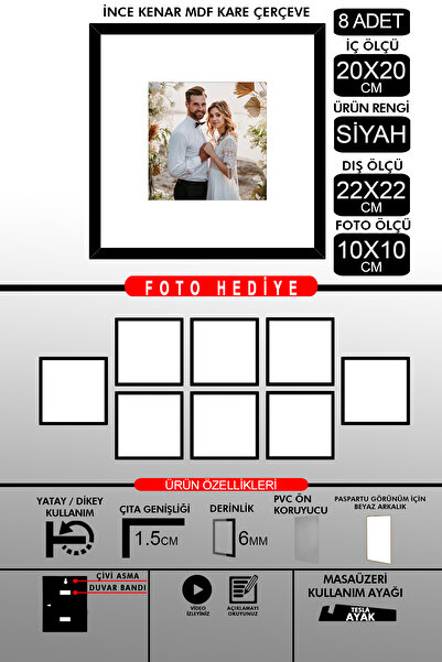 bymat 8 bucăți 20x20 cadru - cadru cu lamele subțiri - cadru negru - cadru pătrat - rama foto