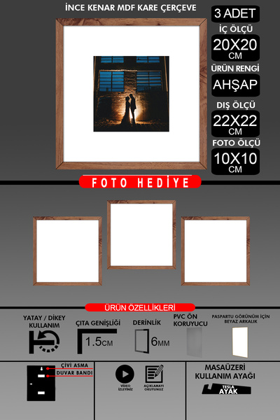 yhfoto 3 komada okvira 20x20 - tanki letvičasti okvir - drveni okvir - kvadra...