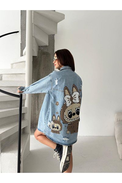 Afri Women's Oversize Printed Jean Jacket – Labubu Patterned