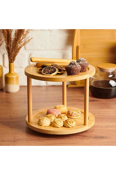 AC BOX Kitchen Bamboo 2 Tier Serving Presentation Storage Rack Revolving Spice Rack and Organizer Stylish 360 Degree D