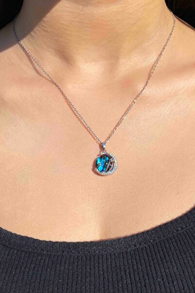 TREND COLLECTİON Kadın Paslanmaz Çelik Gümüş Gökyüzü Kolye Ve Taşlı Kalp Yüzük (Kutulu)