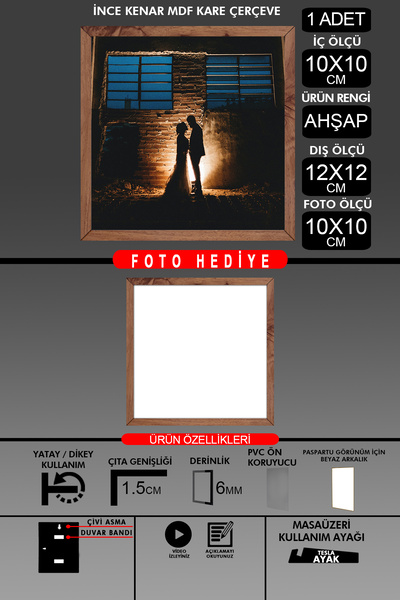 bymat 1Pcs 10X10 Frame - Fine Slatted Frame - Wooden Frame - Square Frame - Photo Frame
