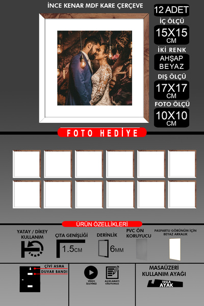 yhfoto 12 Pieces 15X15 Frame - Thin Slatted Frame - 2 Colors White Wood - Square Frame Photo Frame