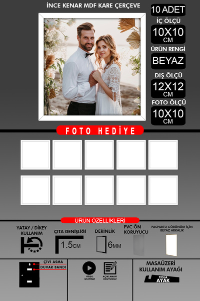 Bytwo 10 komada okvira 10x10 - tanki letvičasti okvir - beli okvir - kvadratn...