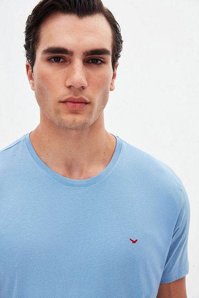 D'S Damat Ds Damat Regular Fit Light Indigo Plain Embroidered 100% Cotton T-Shirt