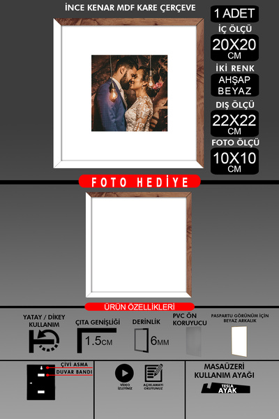 bymat 1 Piece 20X20 Frame - Thin Slatted Frame - 2 Colors White Wood - Square Frame Photo Frame