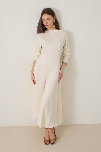 Setre Cream Full Mold Long Sleeve Asymmetrical Detail Dress in Skirt