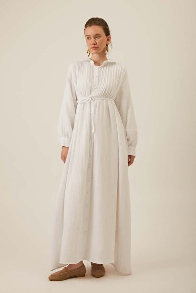 ZÜLAYS Bebe Yaka Nervürlü Müslin Elbise Beyaz