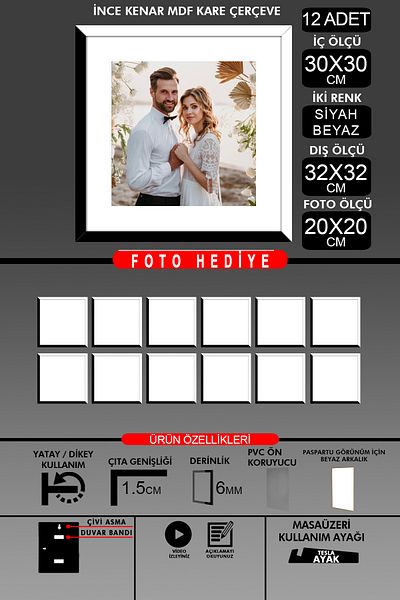 Bytwo 12 Pieces 30X30 Frame - Thin Slatted Frame - 2 Colors Black White - Square Frame Photo Frame
