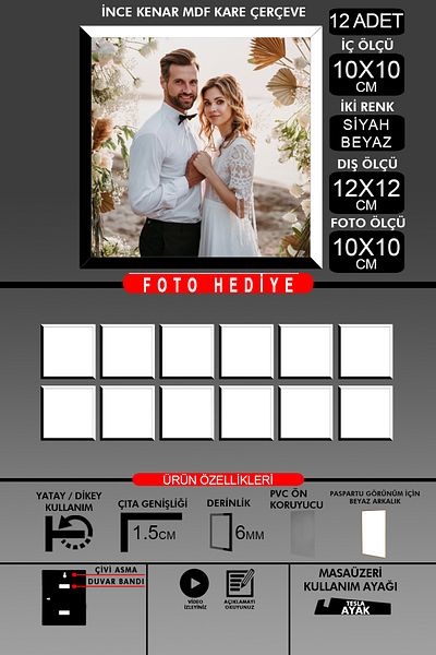 Bytwo 12Pcs 10X10 Frame - Fine Slatted Frame - 2 Colors Black White - Square Frame Photo Frame