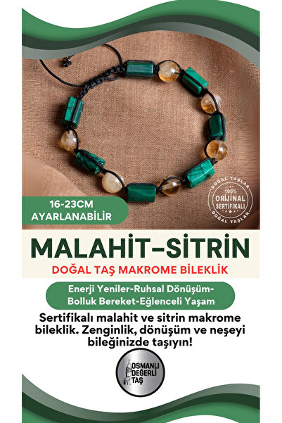 OSMANLI DEĞERLİ TAŞ Certified Malahite-Citrine Natural Stone Adjustable Macra...