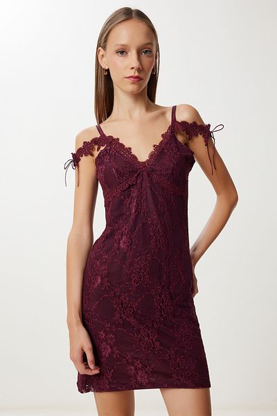 Lovelyİstanbul Strappy Lace Mini Knitted Dress Lnv0008 Bordo