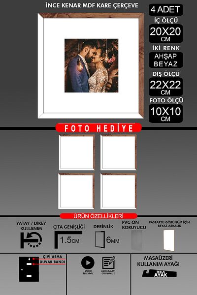 Bytwo 4 Pieces 20X20 Frame - Thin Slatted Frame - 2 Colors White Wood - Square Frame Photo Frame