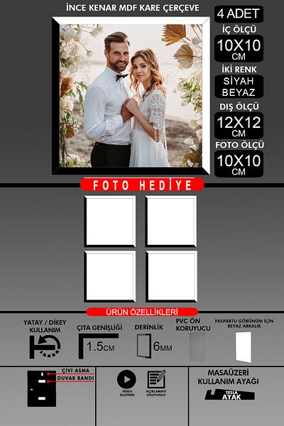 yhfoto 4Pcs 10X10 Frame - Fine Slatted Frame - 2 Colors Black White - Square Frame Photo Frame
