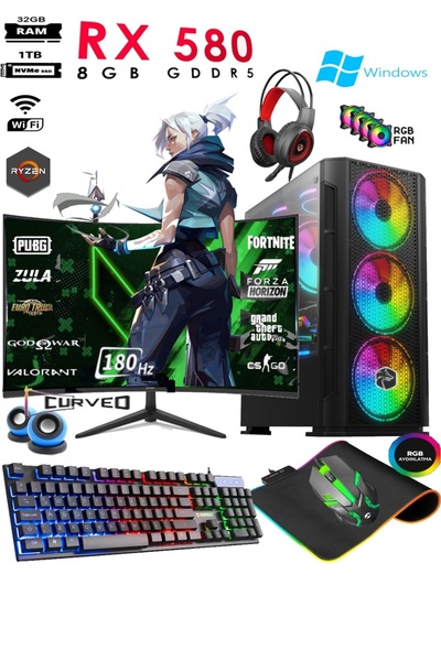 Apphirex TC80X Ryzen 5 5500 32GB 1TB M.2 Nvme Ssd RX580 8GB 24'' 180hz Curved...