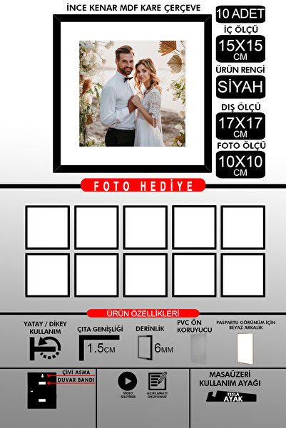 Bytwo 10 bucăți 15x15 cadru - cadru cu șipci subțiri - cadru negru - cadru pătrat - rama foto