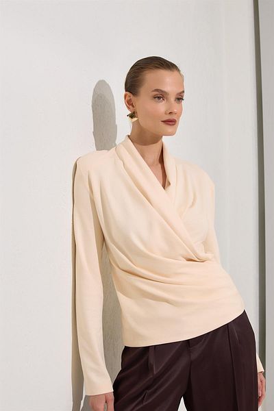 Setre Cream Draped Long Sleeve V Neck Blouse