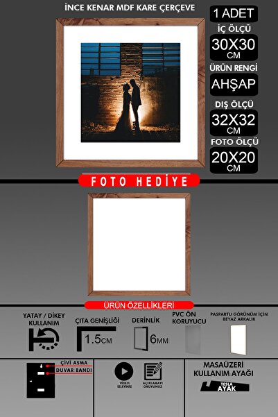 Bytwo 1 Piece 30X30 Frame - Thin Slatted Frame - Wooden Frame - Square Frame - Photo Frame