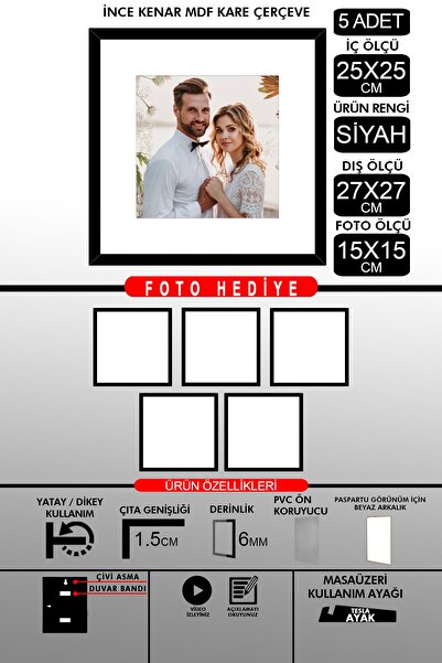 bymat 5 Pieces 25X25 Frame - Fine Slatted Frame - Black Frame - Square Frame - Photo Frame