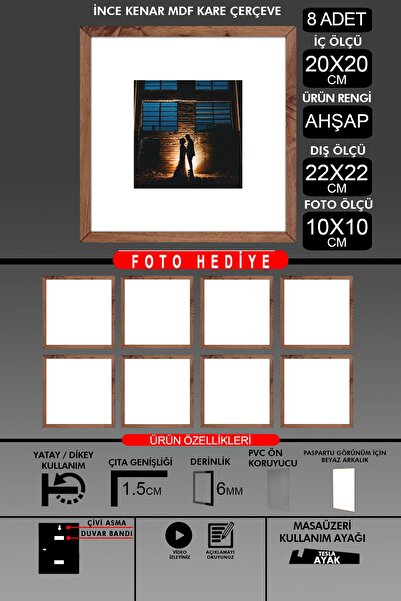 bymat 8 Pieces 20X20 Frame - Thin Slatted Frame - Wooden Frame - Square Frame - Photo Frame