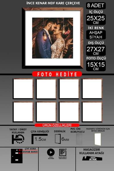 yhfoto 8Pcs 25X25 Frame - Thin Slatted Frame - 2 Colors Wood Black - Square Frame Photo Frame
