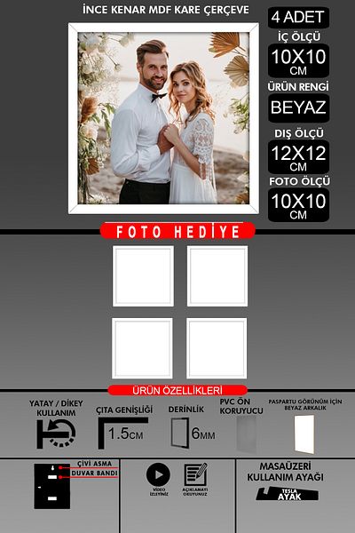 bymat 4Pcs 10X10 Frame - Fine Slatted Frame - White Frame - Square Frame - Photo Frame