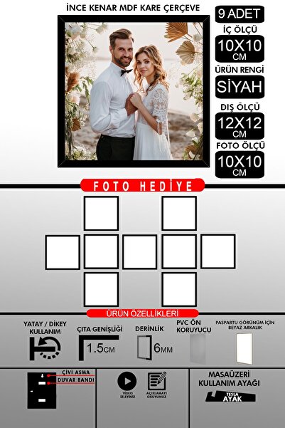 yhfoto 9Pcs 10X10 Frame - Fine Slatted Frame - Black Frame - Square Frame - Photo Frame