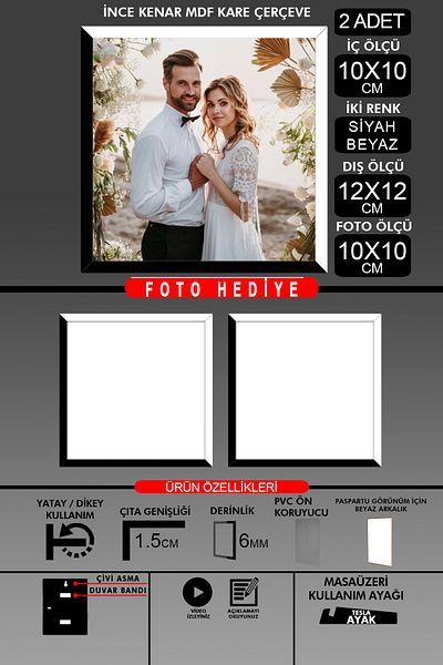 bymat 2Pcs 10X10 Frame - Fine Slatted Frame - 2 Colors Black White - Square Frame Photo Frame